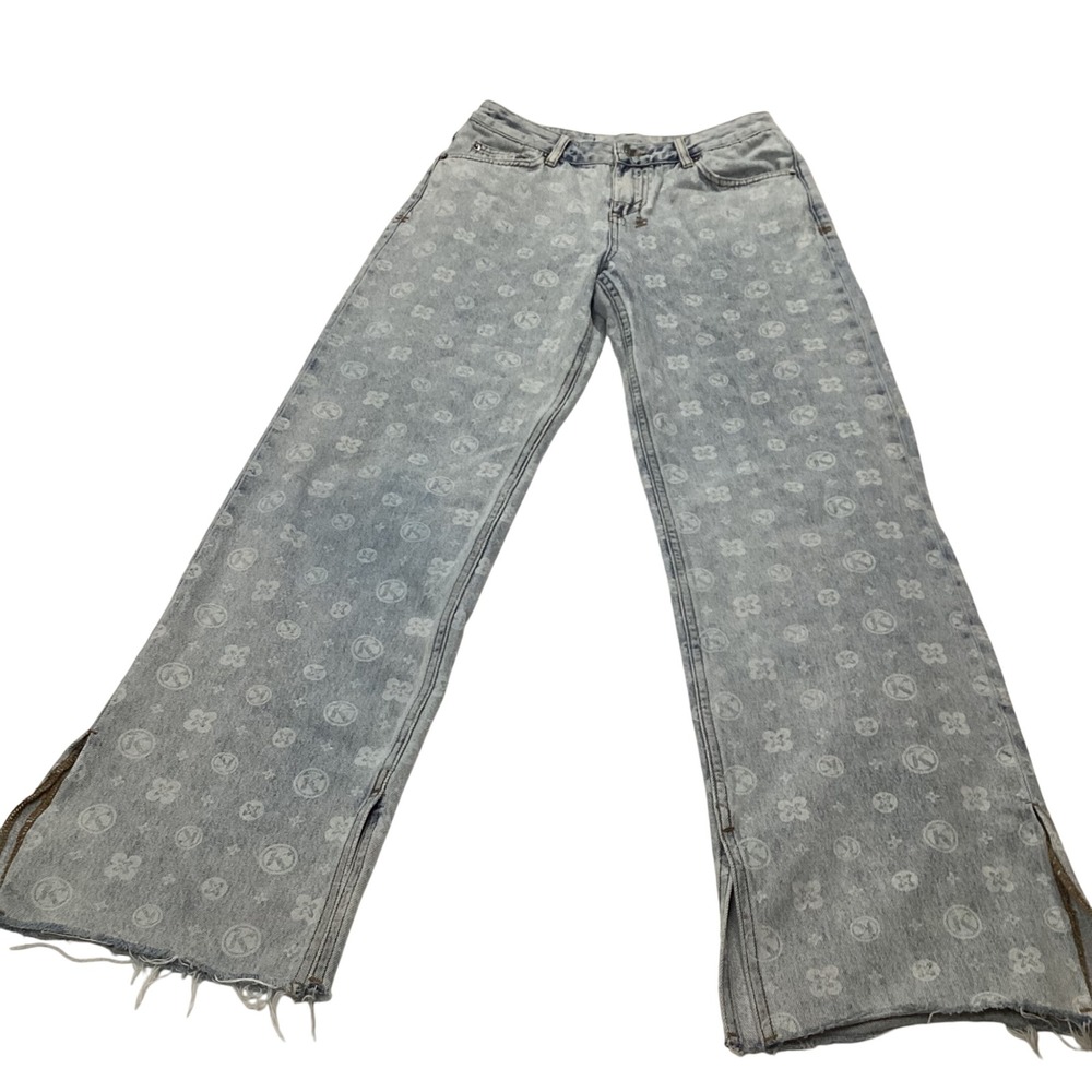 fsubi‎ Low Rider Monogram Splits Jeans Womens 26 Wide Leg Acid Wash Denim